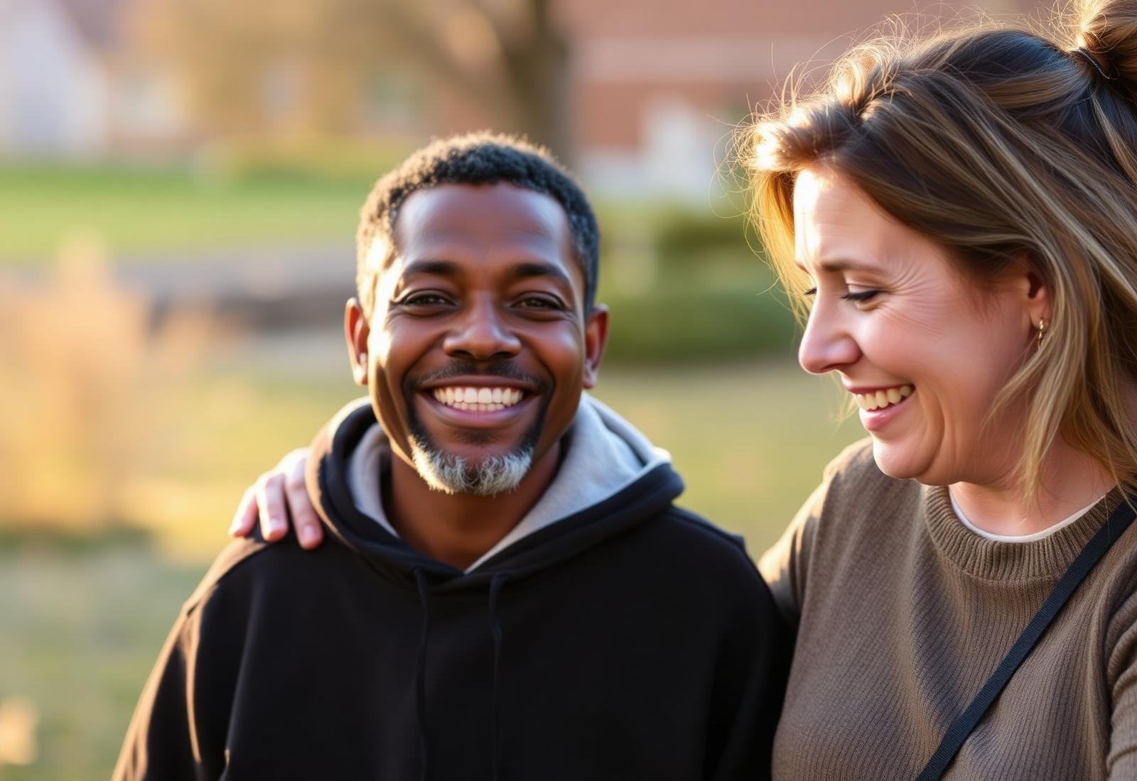 A support professional and an adult receiving services share a moment outdoors